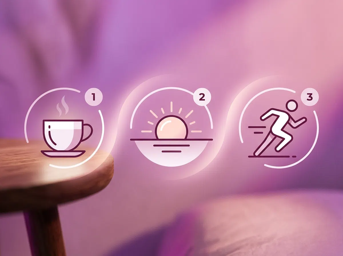 Illustration einer dreistufigen Morgenroutine mit Tasse, Sonnenaufgang und Aktivität
